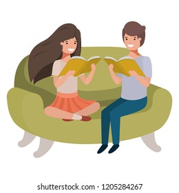 couple of children sitting in sofa with book avatar character