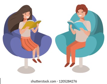 couple of children sitting in sofa with book avatar character
