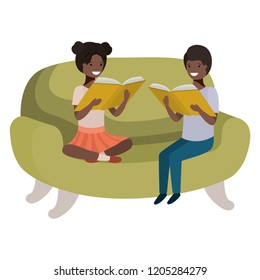 couple of children sitting in sofa with book avatar character