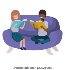 couple of children sitting in sofa with book avatar character