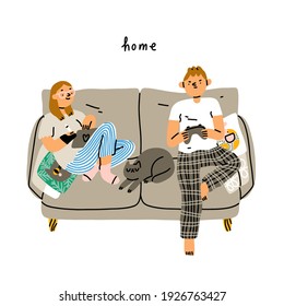 Couple chilling on a couch, cute cartoon people with cat, stay home, vector illustration isolated on white background