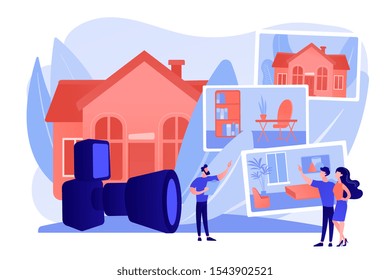 Couple choosing apartment. Real estate photography, property photography services, photography for realtors and advertisement concept. Pinkish coral bluevector isolated illustration