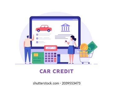 Couple Choosing Car Online. Happy Clients Buying New Automobile With Computer. Concept Of Auto Credit, Car Loan, Auto Finance, Banking Products. Vector Illustration In Flat For Web Banners, UI