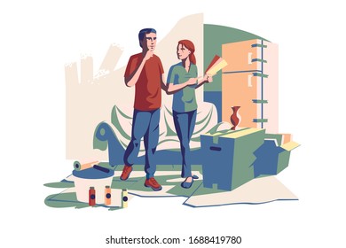 Couple choosing color of new design vector ikllustration. Man and woman discussing suitable palette of shades for home interior flat style concept. Renovation of apartments