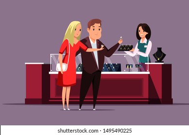 Couple choosing jewelry flat vector illustration. Husband buying golden diamond ring for wife cartoon characters. Boyfriend and girlfriend selecting wedding ring, man purchasing present for woman