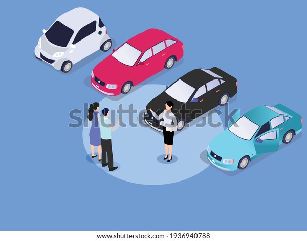 Couple choosing new car in automobile showroom,\
isometric vector\
concept\
