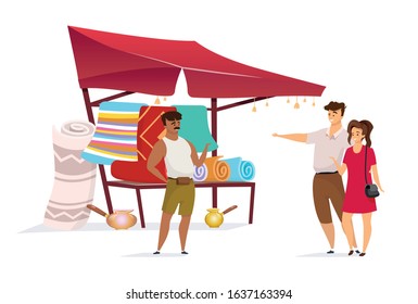Couple choosing persian carpet flat color vector faceless character. Istanbul marketplace. Eastern bazaar vendor selling handmade sarouk rugs isolated cartoon illustration on white background