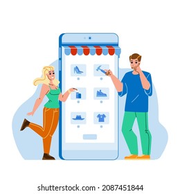 Couple Choosing Product In Smartphone App Vector. Man And Woman Using Digital Electronic Device Mobile Phone For Choosing Product. Characters Internet Store Application Flat Cartoon Illustration