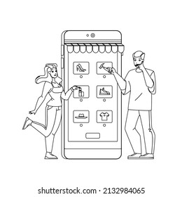 Couple Choosing Product In Smartphone App Black Line Pencil Drawing Vector. Man And Woman Using Digital Electronic Device Mobile Phone For Choosing Product. Characters Internet Store Application