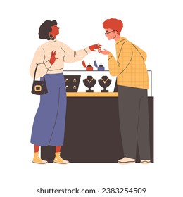 Couple choosing ring in jewelry store. Luxury jewelry shop flat vector illustration. Cartoon boyfriend and girlfriend selecting wedding ring, man purchasing present for woman