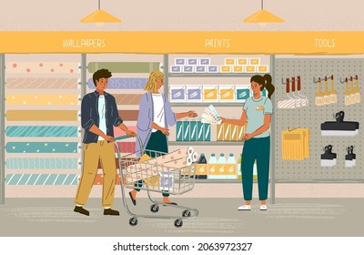 Couple choosing wall paint color in diy store. Vector illustration. People buy wallpapers, tools and paints in hardware shop. Home repair concept