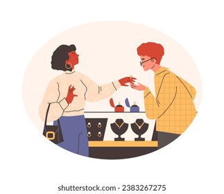 Couple choosing wedding ring in jewelry store, flat cartoon vector illustration isolated on white background. Man in jewelry shop buying gift for his girlfriend.