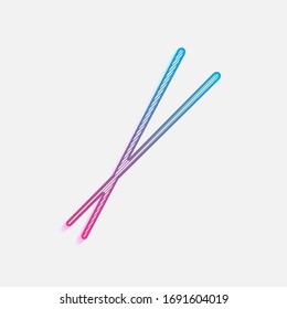 Couple chopsticks. Asian kitchen tools. Colored logo with diagonal lines and blue-red gradient. Neon graphic, light effect