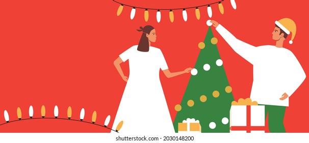 Couple for christmas, copy space template. Flat vector stock illustration. Background to overlay. Christmas tree decoration. Backdrop with place for text. Couple together. Christmas illustration