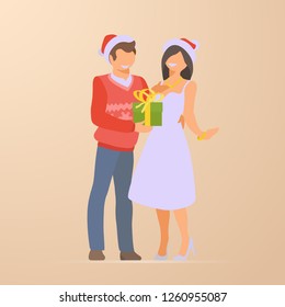 Couple at Christmas Holidays Flat vector illustration. Man presents gift box to woman.