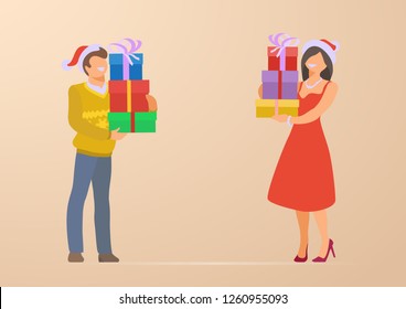 Couple at Christmas Holidays Flat vector illustration. Man and Woman standing with gift boxes