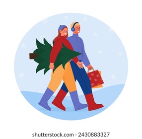 Couple with Christmas shopping. Man and woman walk with bag with gifts and Christmas tree. Winter holiday and festival. Cartoon flat vector illustration isolated on white background