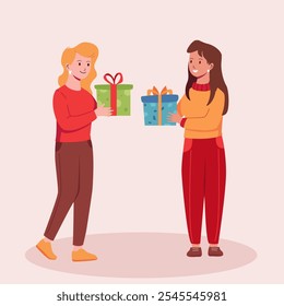 Couple christmas surprise. Happy people with Christmas gifts. Set of merry woman holding and carrying wrapped New Year present boxes. Giftboxes for winter holidays. 