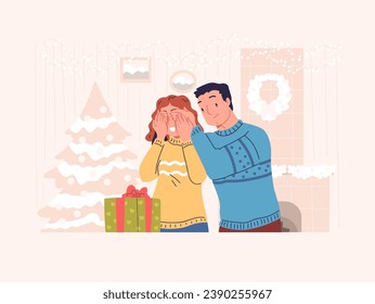 Couple christmas surprise. Man give gift to woman closed her eyes for surprise, family winter holiday celebration together, girl receive xmas present, vector illustration of christmas couple holiday