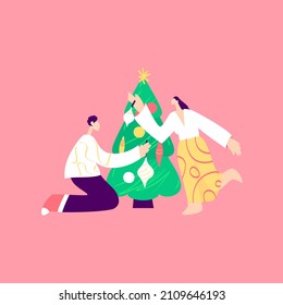 Couple Christmas Tree Decoration. Vector Illustration of Trendy Modern People.