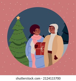 couple and christmas tree with gift