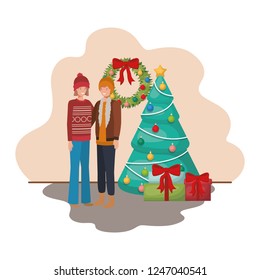 couple with christmas tree and gifts