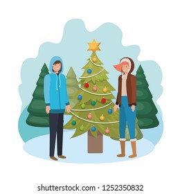 couple with christmas tree in landscape