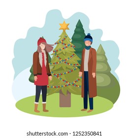 couple with christmas tree in landscape