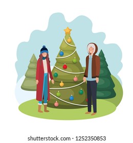 couple with christmas tree in landscape