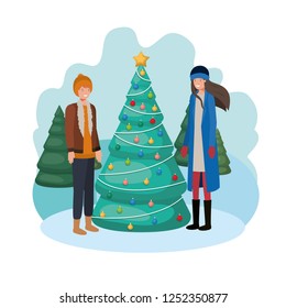 couple with christmas tree in landscape