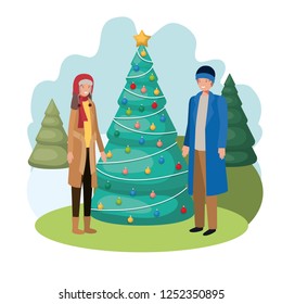 couple with christmas tree in landscape