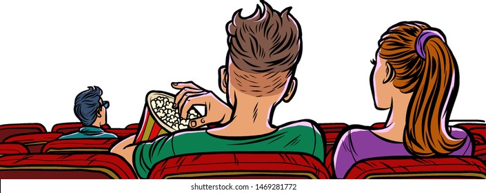 Couple In The Cinema Eating Popcorn And Watching A Movie. Pop Art Retro Vector Illustration Drawing