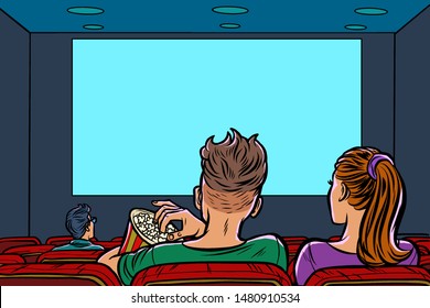 Couple In The Cinema Eating Popcorn And Watching A Movie. Pop Art Retro Vector Illustration Drawing