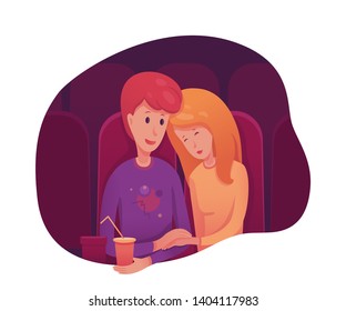 Couple in cinema flat vector illustration. Boy and girl having romantic evening drawing. Young cartoon characters. Girl sleeping at movies. First date scene. Isolated design element