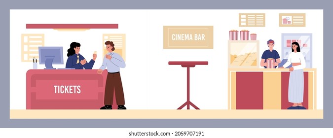 Couple At The Cinema Hall, Man Buying Movie Tickets At The Box Office, Woman Buying Pop Corn At The Snack Bar. Cartoon Vector Concept Of People Going To Watch A Movie At The Cinema.