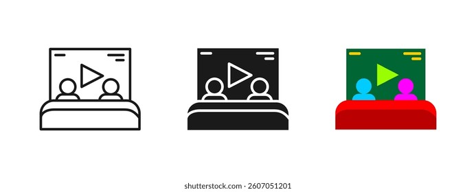 Couple at cinema icon. Romantic movie date symbol. Lovers watching film illustration. Theater leisure design. Entertainment graphic. Pair sitting together in cinema image.