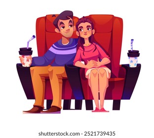 Casal no cinema isolado sobre fundo branco. Ilustração em desenho animado vetorial de jovem e mulher apaixonada sentada em assentos de teatro, assistindo filme romântico no encontro, namorado abraçando namorada