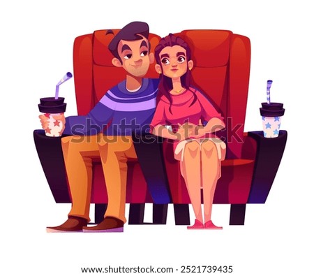 Couple in cinema isolated on white background. Vector cartoon illustration of young man and woman in love sitting in theater seats, watching romantic movie on date, boyfriend hugging girlfriend