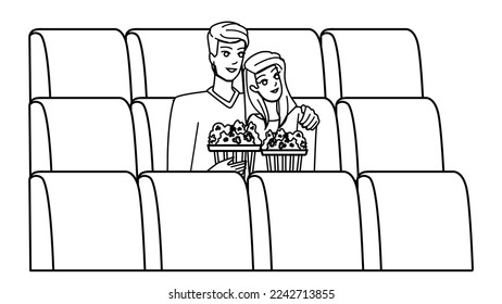 couple cinema line pencil drawing vector. movie theater watching, audience young, film man woman, lifestyle spectator, happy girl auditorium couple cinema character. people Illustration