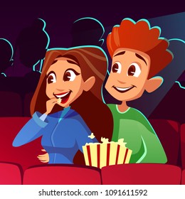 Couple in cinema vector illustration of young boy and girl watching movie together. Cartoon teens or man and woman eating popcorn happy or excited smiling and laughing, looking at comedy screen