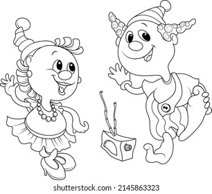 A couple of circus performers. Clowns. Characters dance to the radio. Girl and boy.