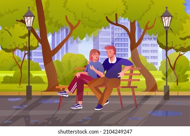 Couple in city garden concept in flat cartoon design. Loving man and woman hugging, talking and sitting on bench in summer city park with green trees. Vector illustration with people scene background