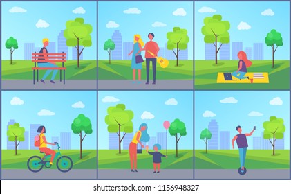 Couple in city park with trees and buildings set vector. Man on bench, couple with guitar and lady riding bicycle. Family mother and son eating sweets