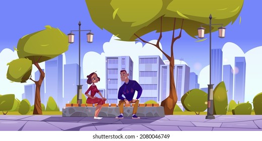 Couple in city park, young man and woman sitting on bench having friendly conversation. Characters dating, spend time outdoors together at town garden with cityscape view, Cartoon vector illustration