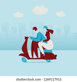 Couple in city, riding scooter with the urban background