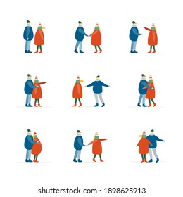 Pareja, caminantes de la ciudad, hombre y mujer. Muchacha y hombre con ropa informal caminando, personajes masculinos y femeninos. Ilustración del vector