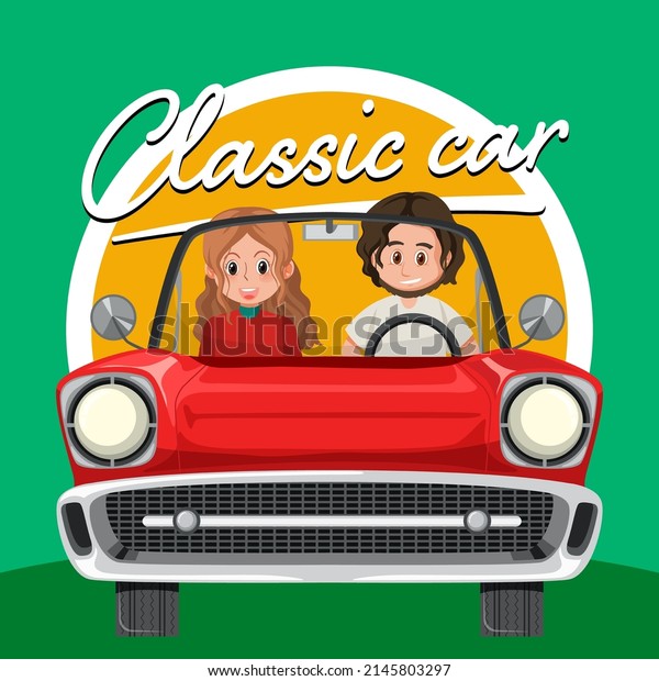 Couple in\
classic car in cartoon style\
illustration