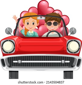 Couple in classic red car on white background illustration