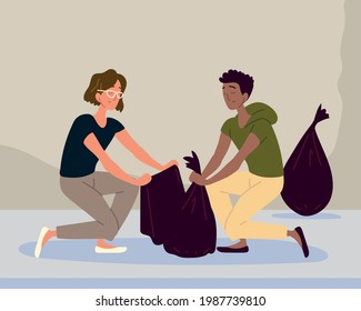 couple cleaning garbage with pastic bags