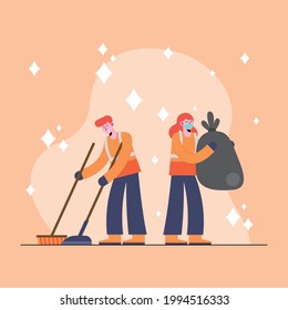 couple cleaning persons group characters